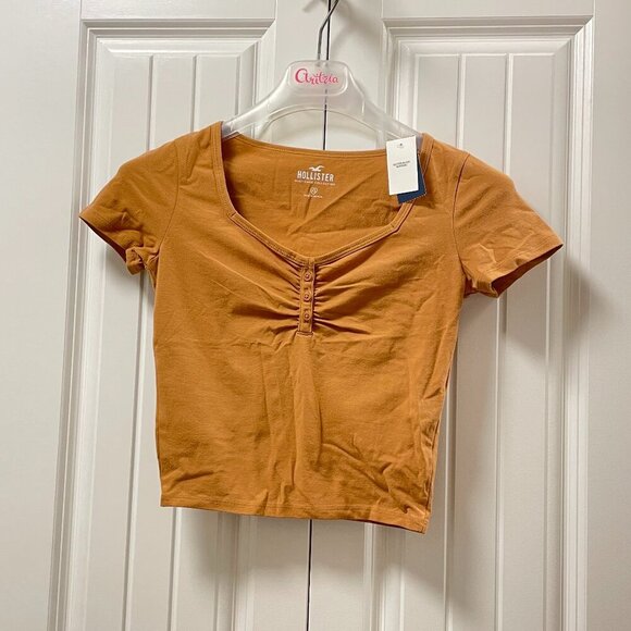 Hollister Cropped Ruched Button-Up Top Brown Orange - XS - Picture 2 of 10